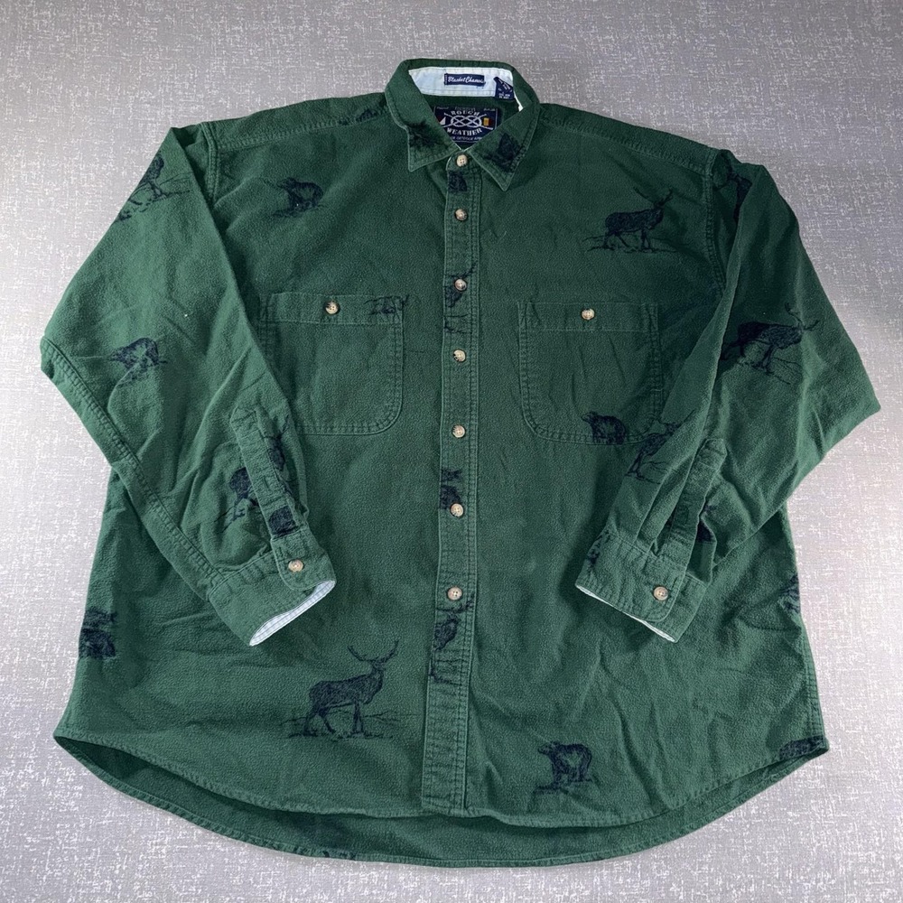 Vintage Gant Rough Weather Shirt Mens XL Green Deer Bear Flannel Hunting Chamois - Picture 2 of 10